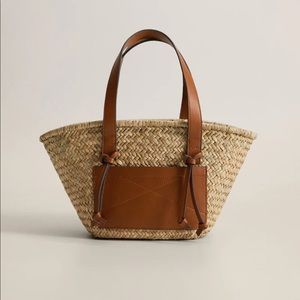 Woven Straw Tote with Brown Leather Trim